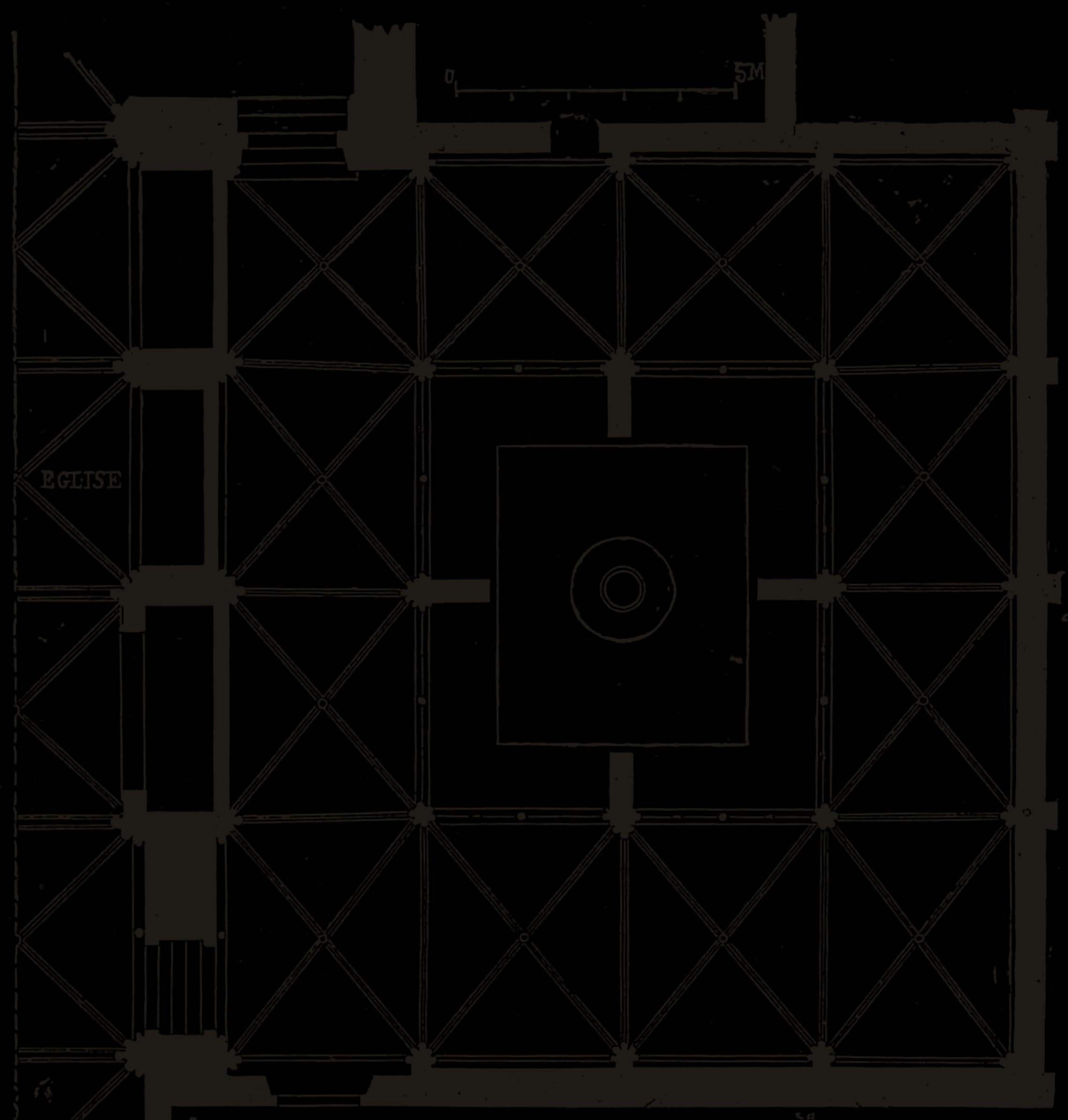 Plan of the cloister of the collegiate church of Semur-en-Auxois: four vaulted walks around a square garth with a well at its centre, the church alongside.