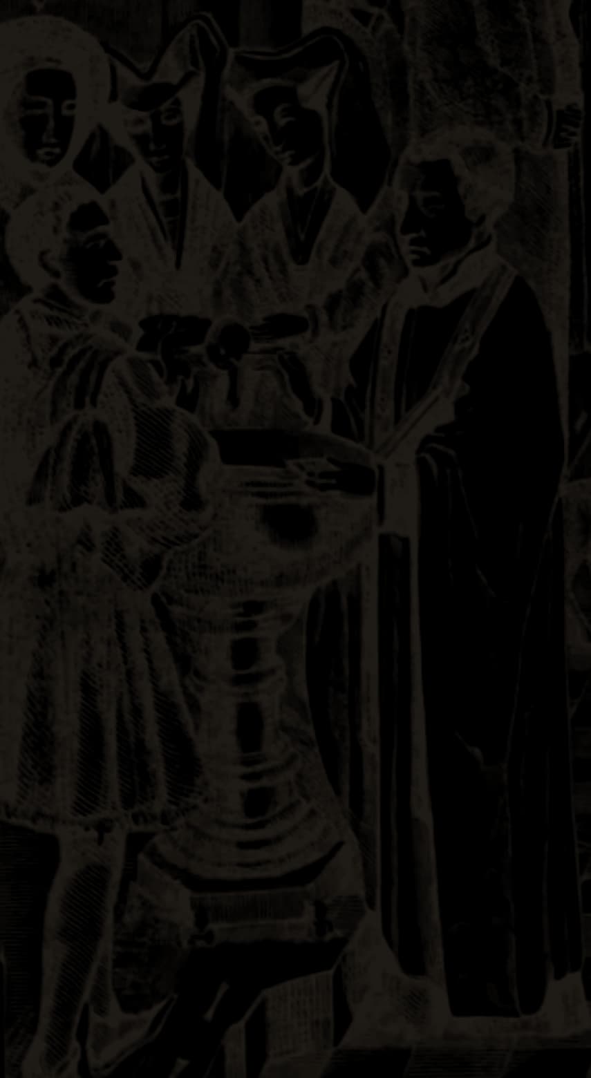 A baptism: the priest holds the infant over the parish font, the godparents gathered round to hold the child.