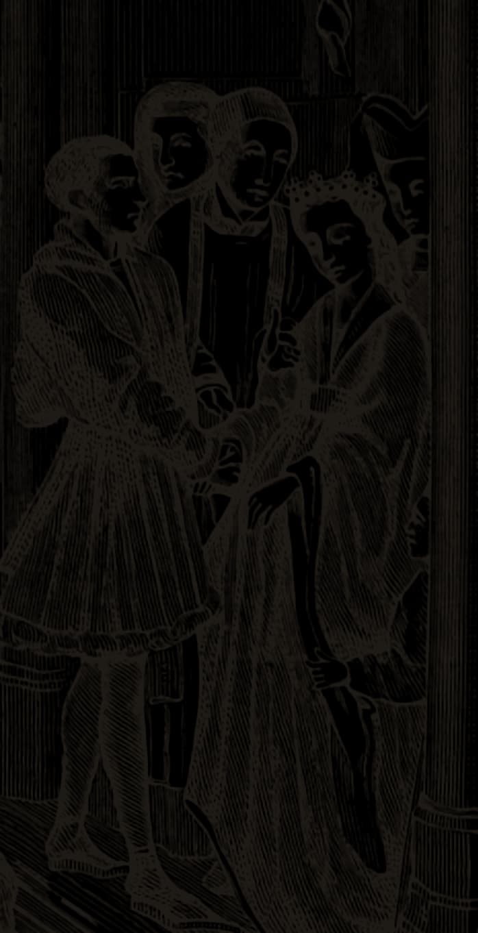 A marriage: the groom takes the crowned bride by the right hand before the priest, with a bishop and witnesses behind them.